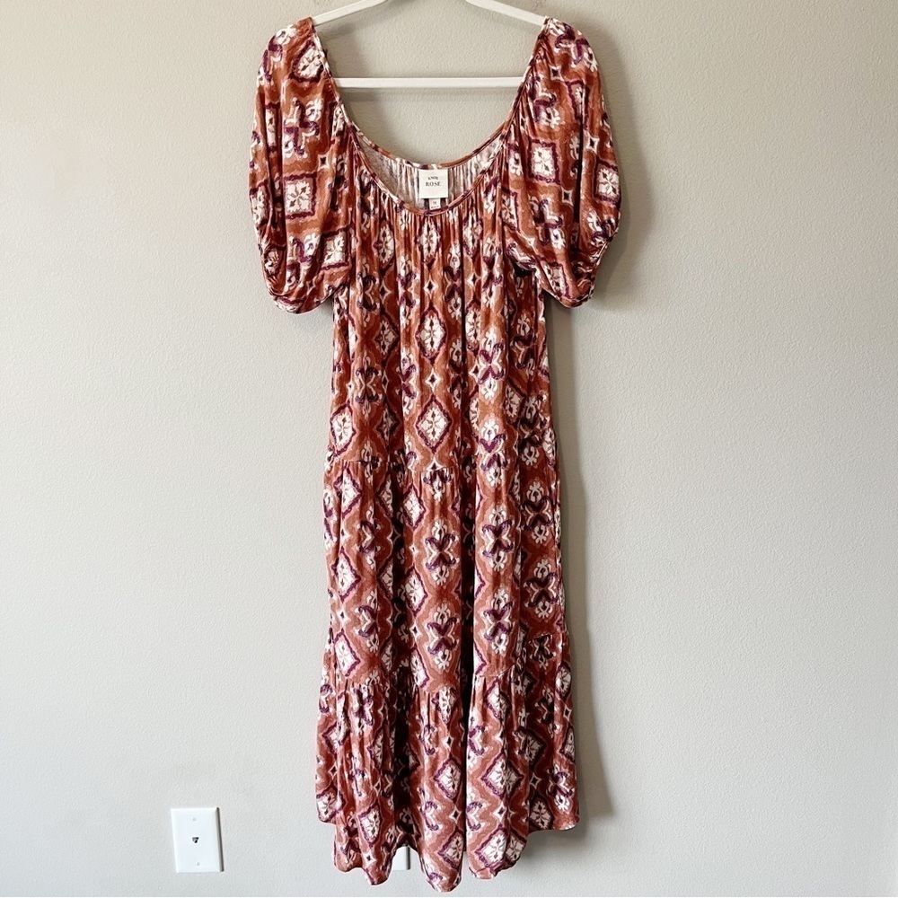 Knox Rose Bohemian Printed Scoop Neck Short Sleeve Tiered Midi Dress Medium